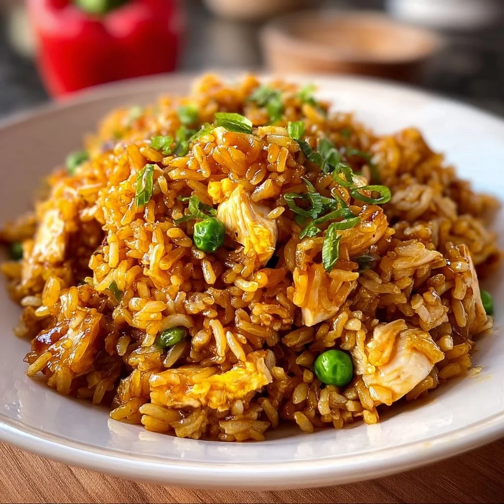 Home 5 Delicious easy chicken fried rice served in a bowl with vegetables and chicken pieces.