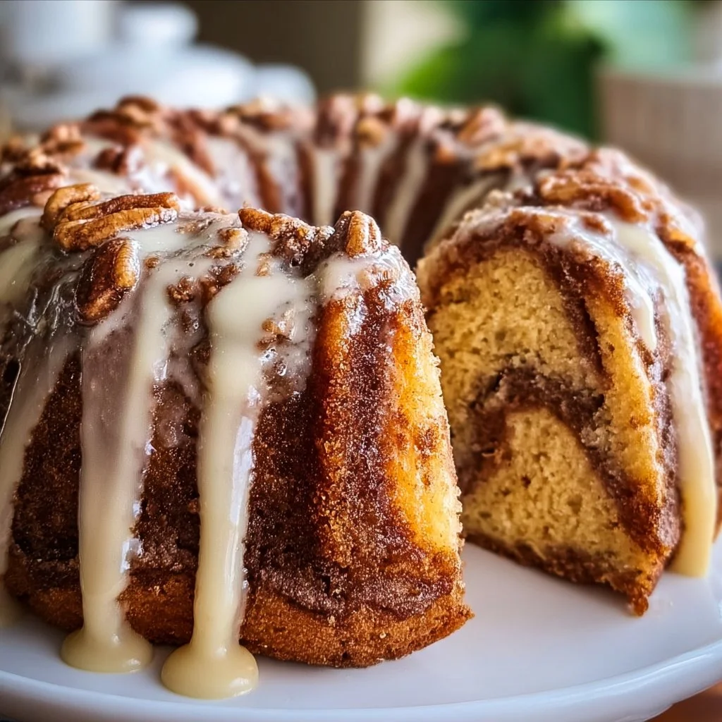 Delicious easy cinnamon roll bundt cake topped with glaze.