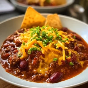 A steaming bowl of hearty chili topped with cheese and herbs.