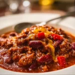 Bowl of homemade chili garnished with herbs and served with cornbread