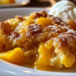 Lazy Man’s Peach Cobbler served in a rustic dish with fresh peaches
