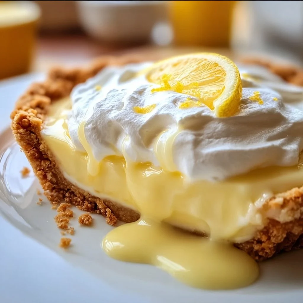 Sliced lemon pie topped with whipped cream and fresh lemon zest