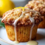 Moist vegan lemon muffins on a plate with lemon slices