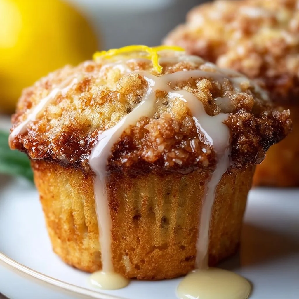 Moist vegan lemon muffins on a plate with lemon slices