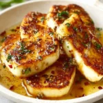 Delicious pan-fried halloumi with peppered honey on a plate.