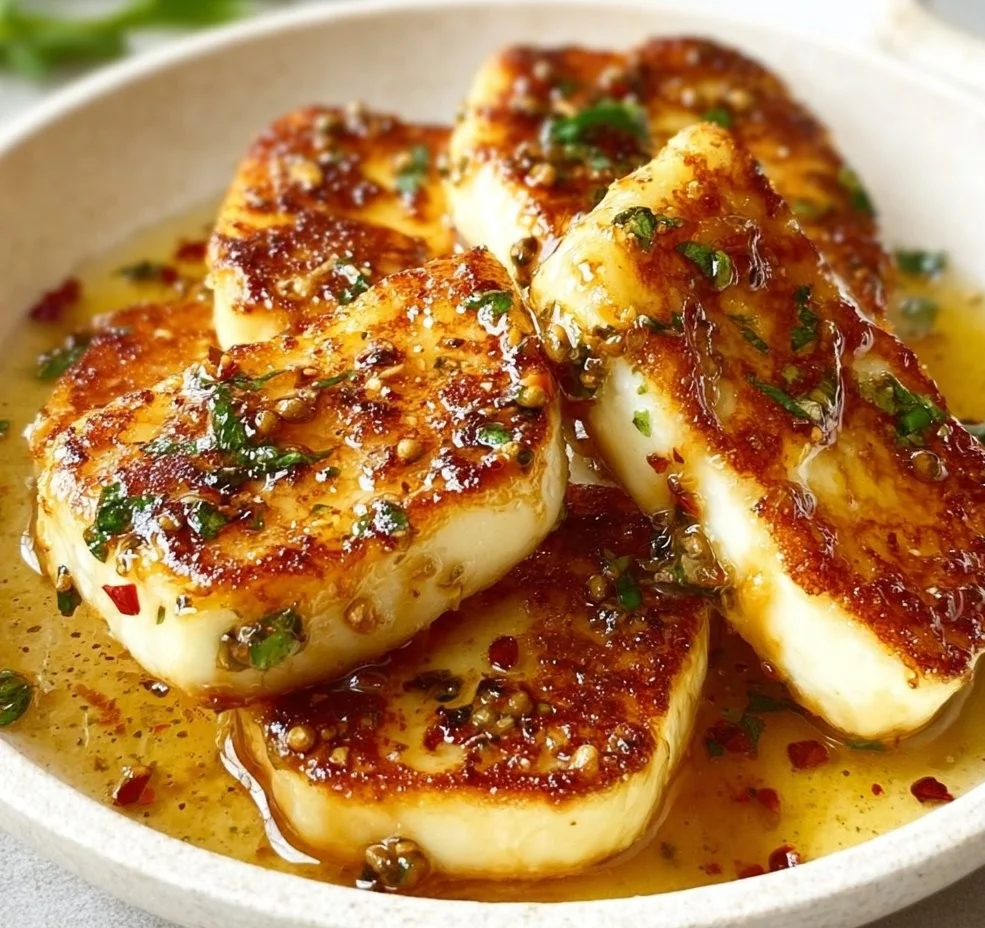 Delicious pan-fried halloumi with peppered honey on a plate.