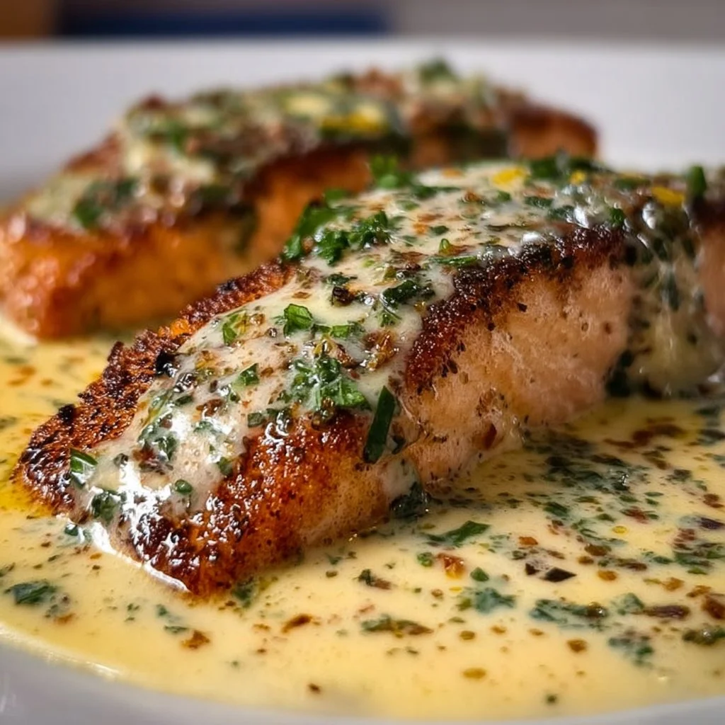 Pan-seared salmon fillet garnished with lemon garlic cream sauce on a plate.