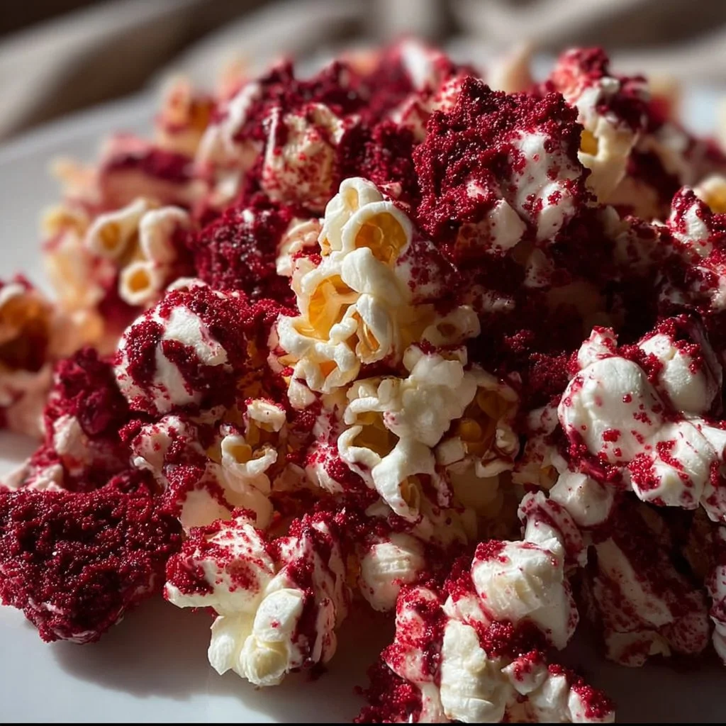 A bowl of delicious red velvet popcorn with cream cheese drizzle