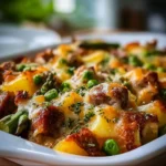 Sausage Potato Casserole topped with spring vegetables in a baking dish