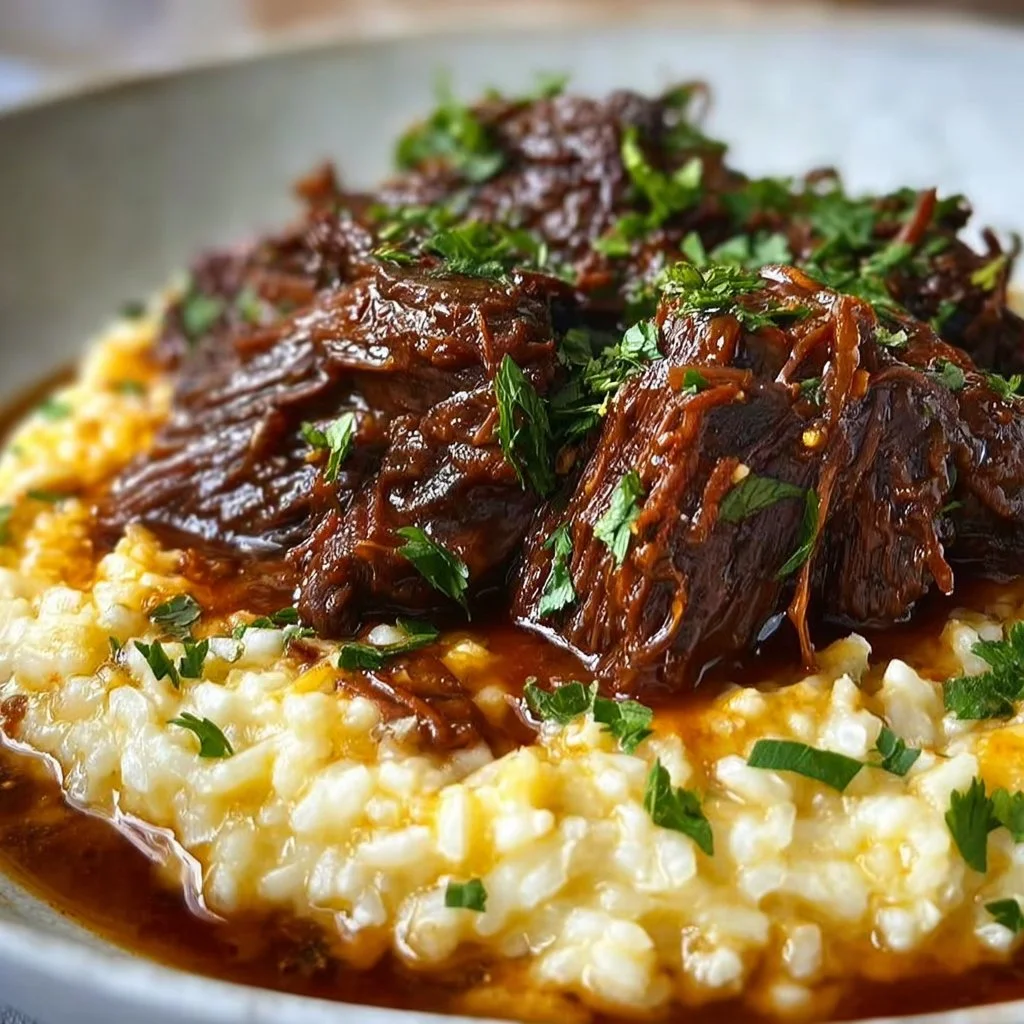 Home 6 Slow-braised pot roast served with creamy parmesan risotto on a dining table.