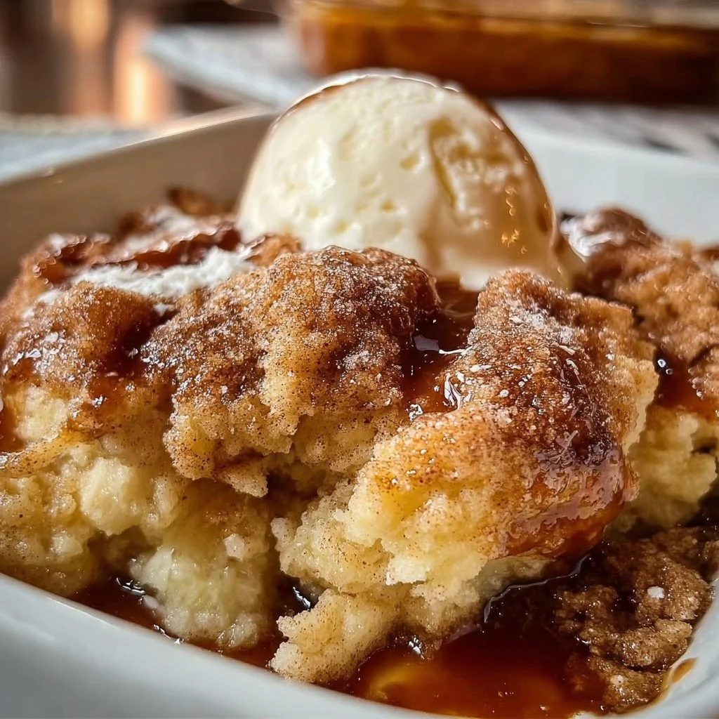 Delicious homemade snickerdoodle cobbler served in a baking dish