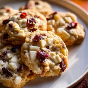 Soft-baked white chocolate cranberry cookies on a plate