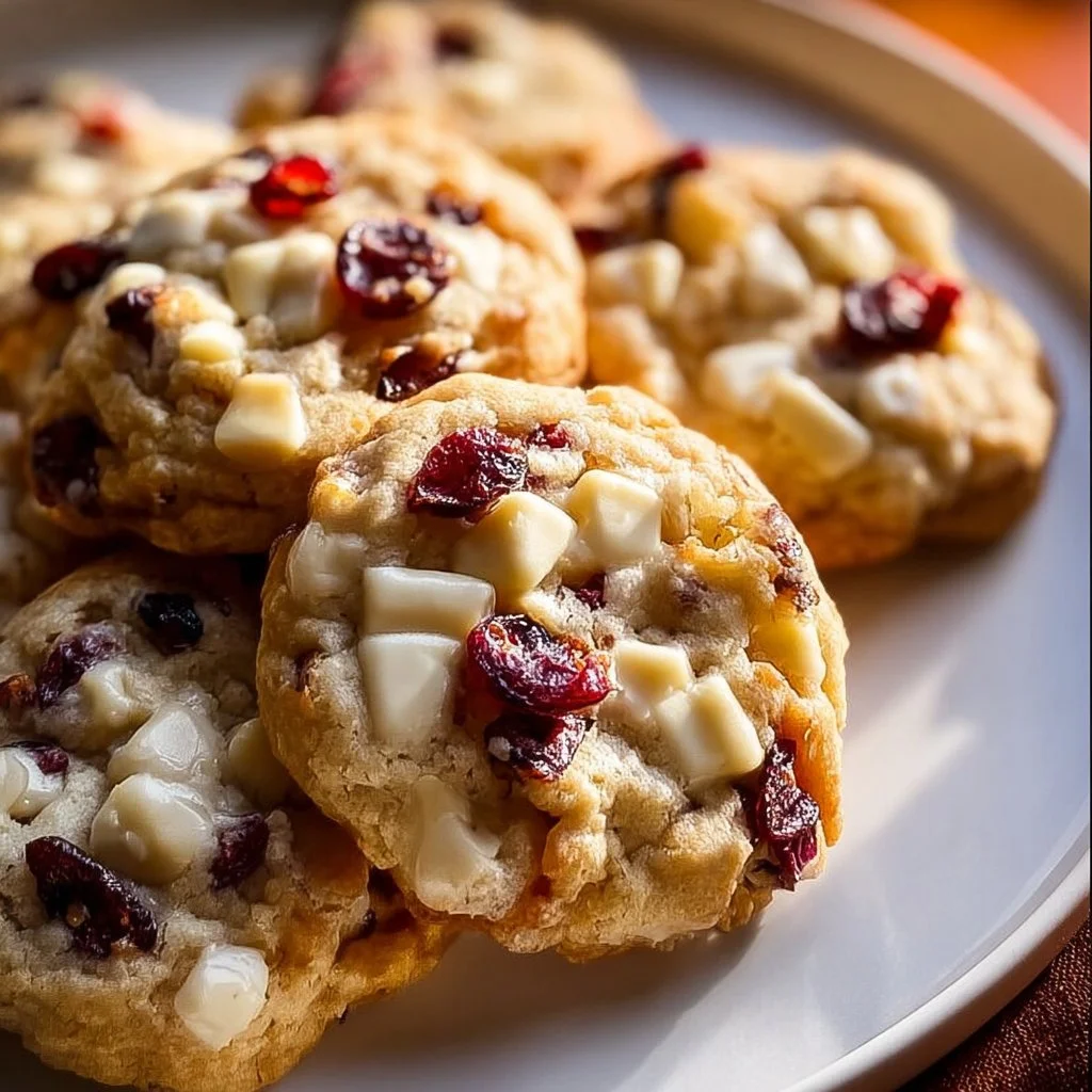 Home 4 Soft-baked white chocolate cranberry cookies on a plate