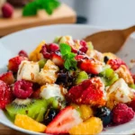 Colorful and delicious fruit salad made with fresh seasonal fruits