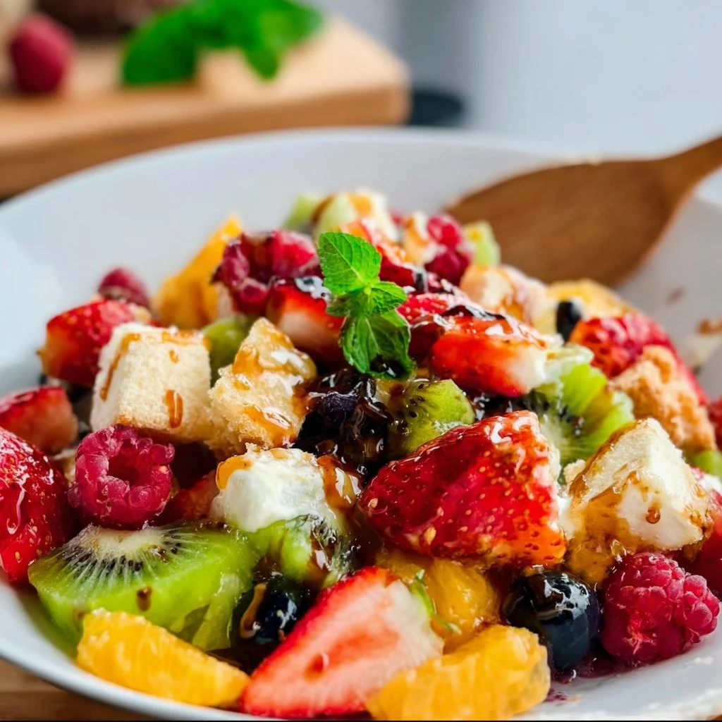 Colorful and delicious fruit salad made with fresh seasonal fruits